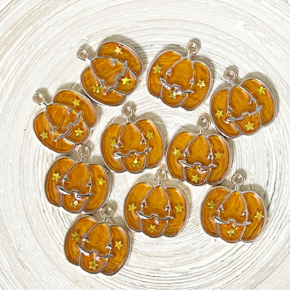 10 Pc Halloween Pumpkin Charms | Gold Enamel Charms for Jewelry Making & Crafts
